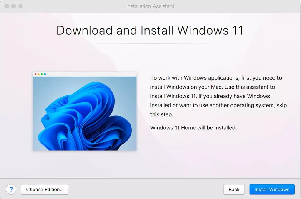 کلید Install Windows در اپلیکیشن Parallels Desktop