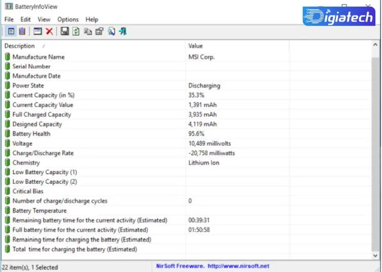 برنامه BatteryInfoView در تست باتری لپ‌ تاپ