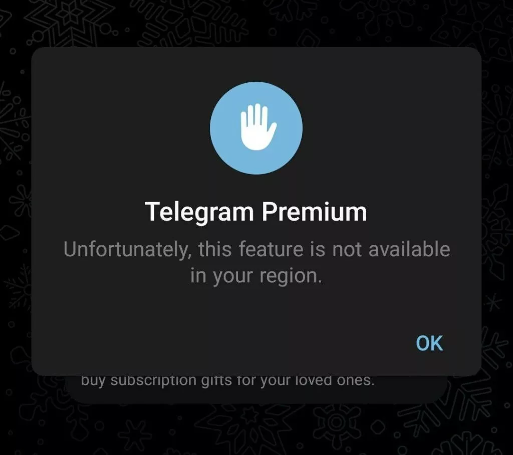 پیام عدم امکان خرید تلگرام پریمیوم برای کشور ما