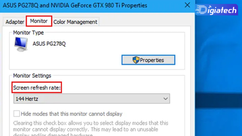  گزینه Monitor وعدد بخش Screen Refresh Rate