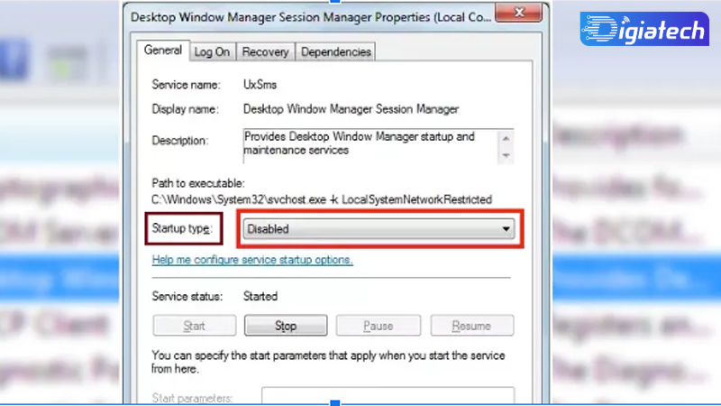 بخش Startup Type و گزینه Disable