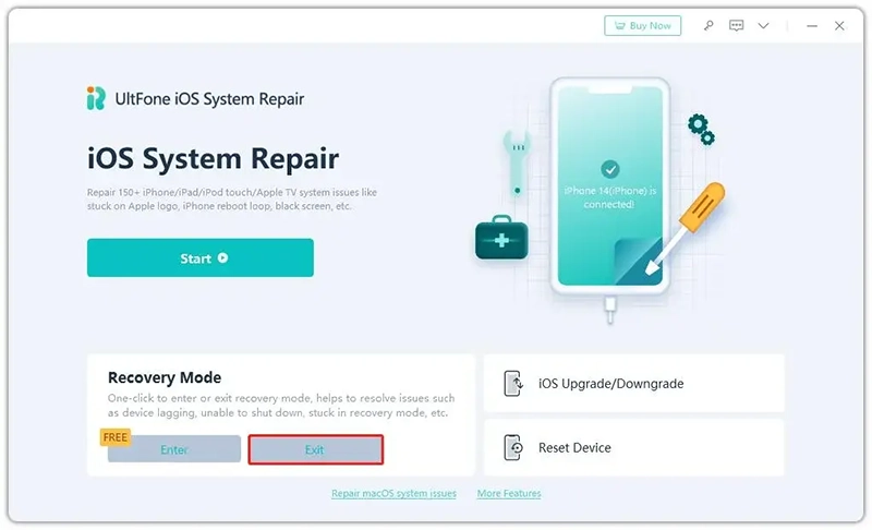  دکمه‌ی Exit در استفاده از UltFone System Repair برای بازگردانی آیفون گیر کرده در حالت ریکاوری