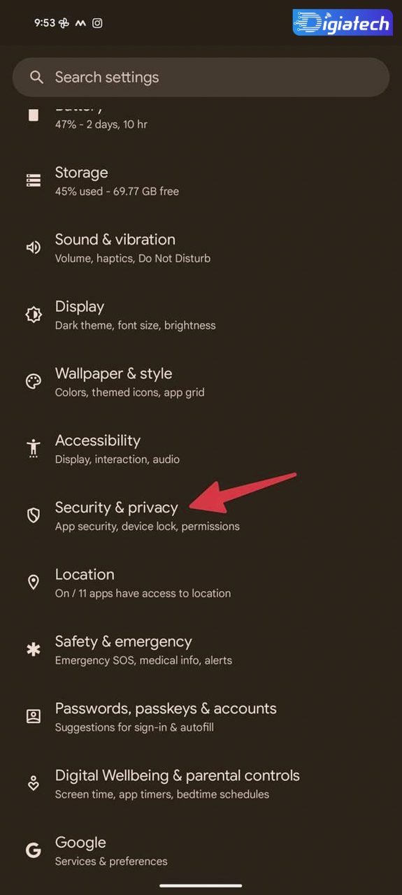 گزینه Security and privacy برای فعال کردن Find My Device