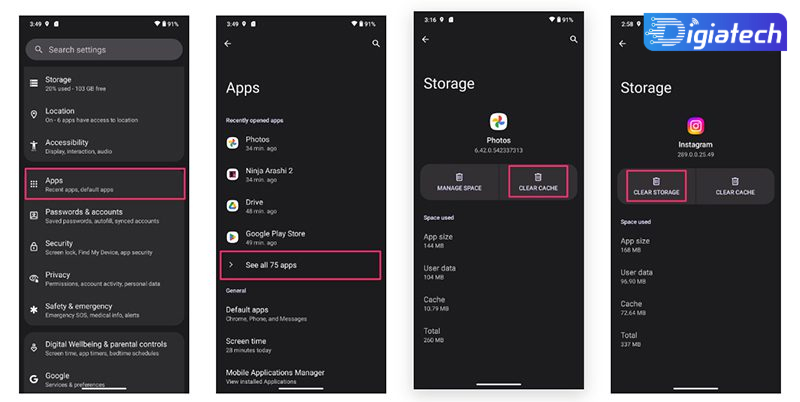 نحوه‌ حذف حافظه‌ کش برنامه‌ یا داده‌ های برنامه‌ در اندروید