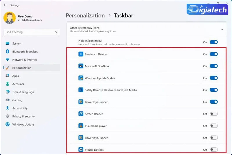 تنظیم Other system tray icons در مدیریت نمادها تنظیم Other system tray icons در مدیریت نمادها