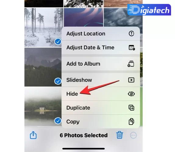 انتخاب گزینه Hide برای مخفی کردن عکس در آیفون