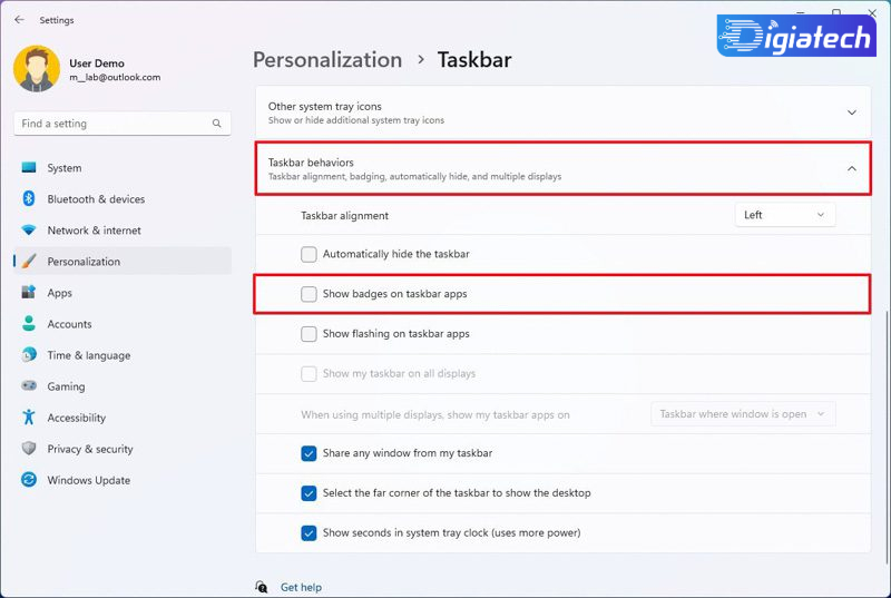 تنظیم Taskbar behaviors در غیرفعال کردن BADGE NOTIFICATIONS 