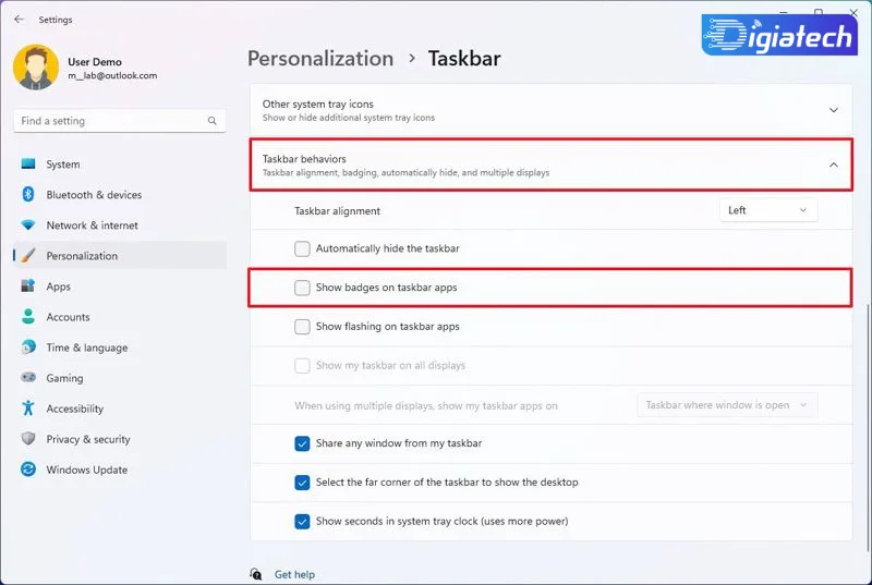تنظیم Taskbar behaviors در غیرفعال کردن BADGE NOTIFICATIONS تنظیم Taskbar behaviors در غیرفعال کردن BADGE NOTIFICATIONS