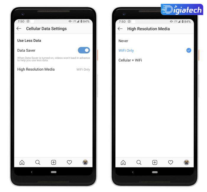 گزینه High-Resolution Media برای کاهش مصرف اینترنت هنگام استفاده از اینستاگرام
