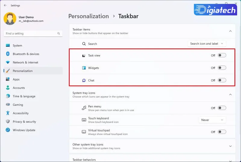 تنظیم Taskbar items برای حذف کردن آیتم تنظیم Taskbar items برای حذف کردن آیتم