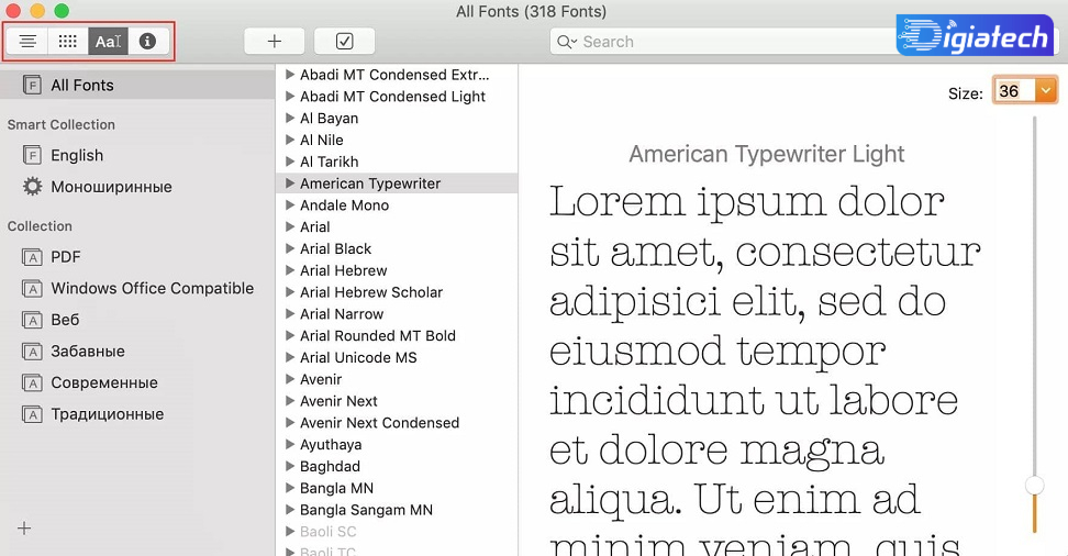 فونت‌ها در ستون مرکزی پنجره در نصب فونت فارسی مک