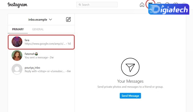  صفحه گفتگو برای حذف کردن پیام دایرکت اینستاگرام از طریق نسخه وب