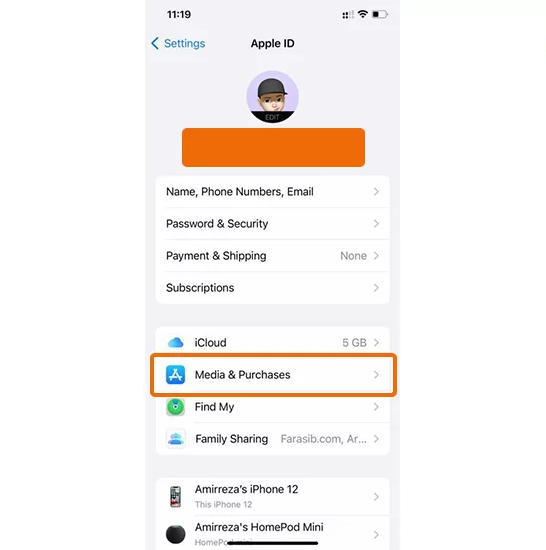 گزینه Media & Purchases در تغییر کشور اپل ایدی به کمک آیفون
