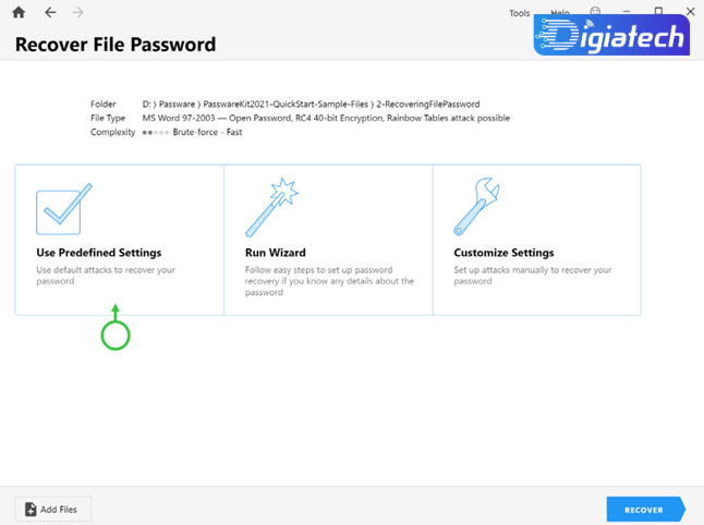 گزینه Recover برای شکستن رمز فایل زیپ