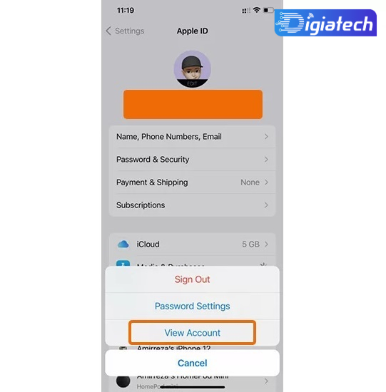 گزینه View Account در تغییر کشور اپل ایدی به کمک آیفون