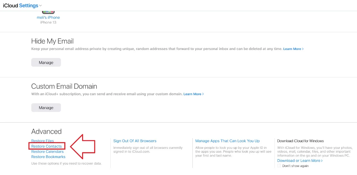 گزینه  Restore Contacts در بازیابی مخاطبین برای گوشی های آیفون ازطریق آیکلاد