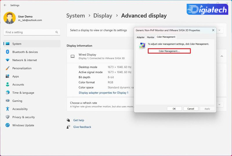 تب Color Management برای نصب نمایه های رنگی برای نمایش در ویندوز 11 