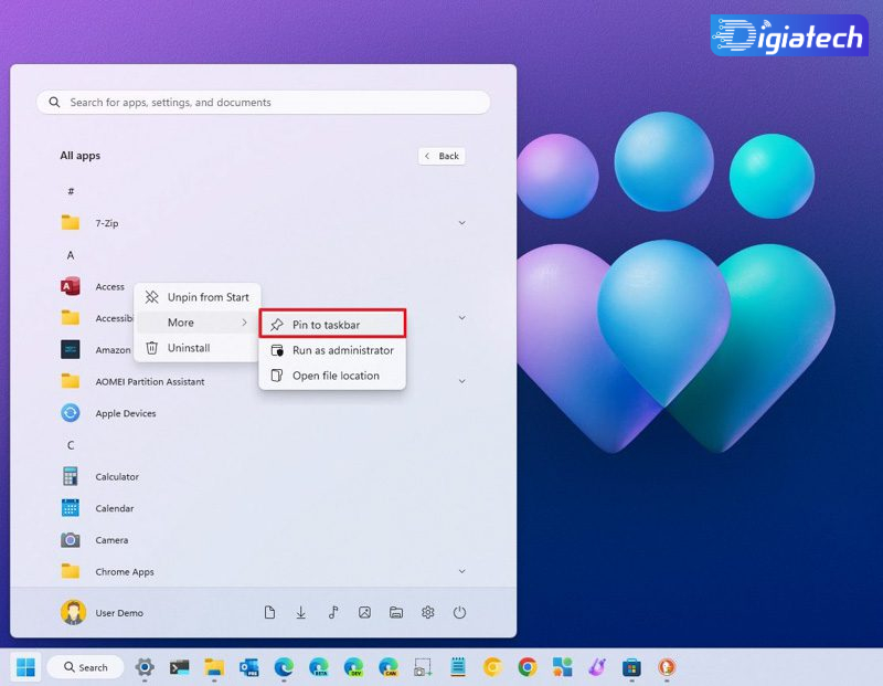 گزینه Pin to Taskbar برای حذف یا اضافه برنامه ها را در TASKBAR