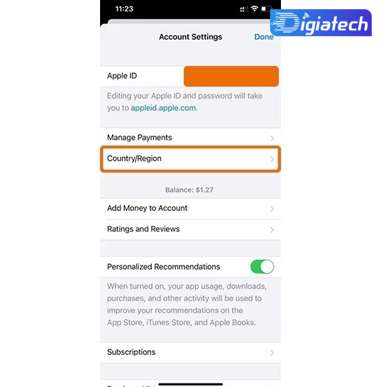 گزینه Country/Region در تغییر کشور اپل ایدی به کمک آیفون