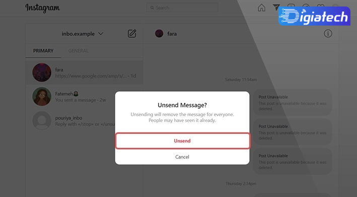 گزینه Unsend برای حذف کردن پیام دایرکت اینستاگرام از طریق نسخه وب