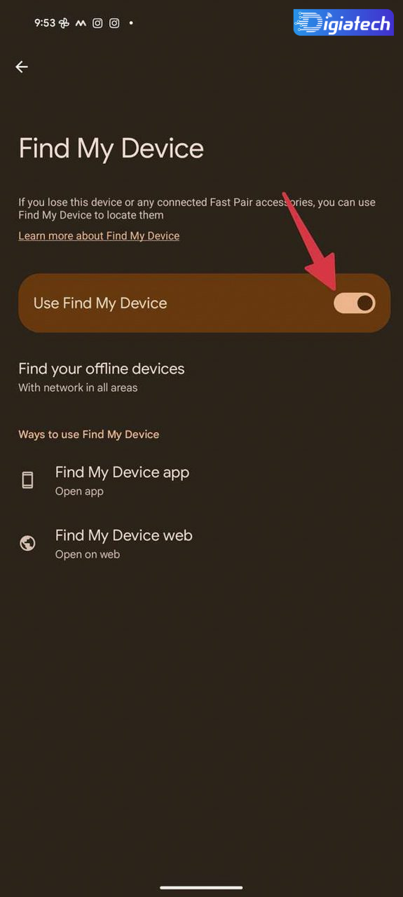 روشن کردن کلید Use Find My Device برای فعال کردن Find My Device