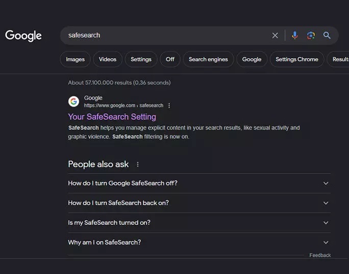 سرچ عبارت safesearch برای غیر فعال کردن جستجوی ایمن