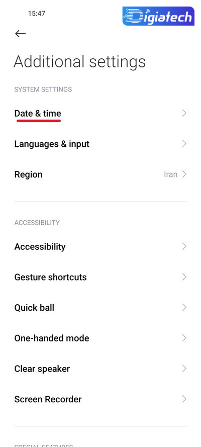 گزینه  Date & Time در تنظیم خودکار ساعت گوشی شیائومی