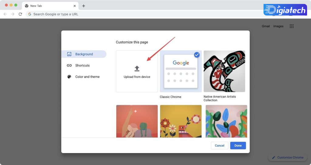 گزینه Upload from device برای استفاده به عنوان پس‌زمینه گوگل