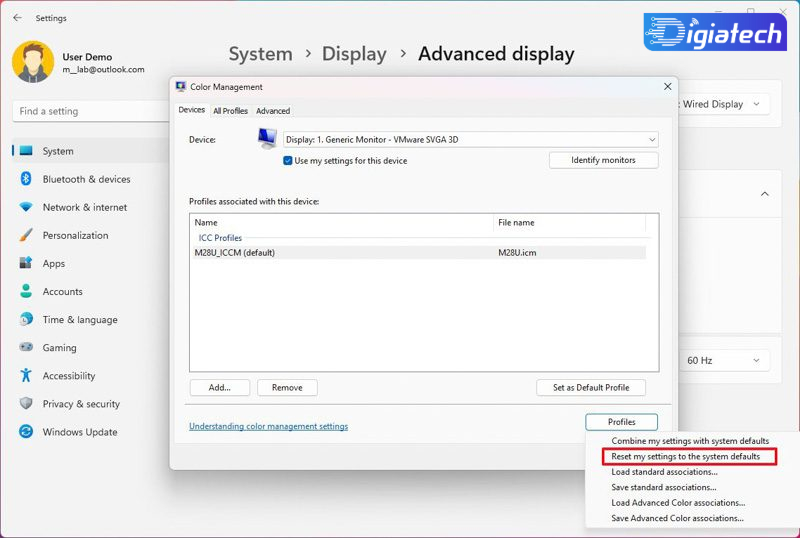 گزینه Reset my settings to the system defaults  برای تنظیم پروفایل رنگی در ویندوز 11