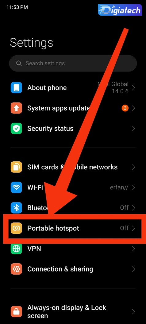تنظیمات(Setting) در فعال کردن نقطه اتصال در گوشی شیائومی