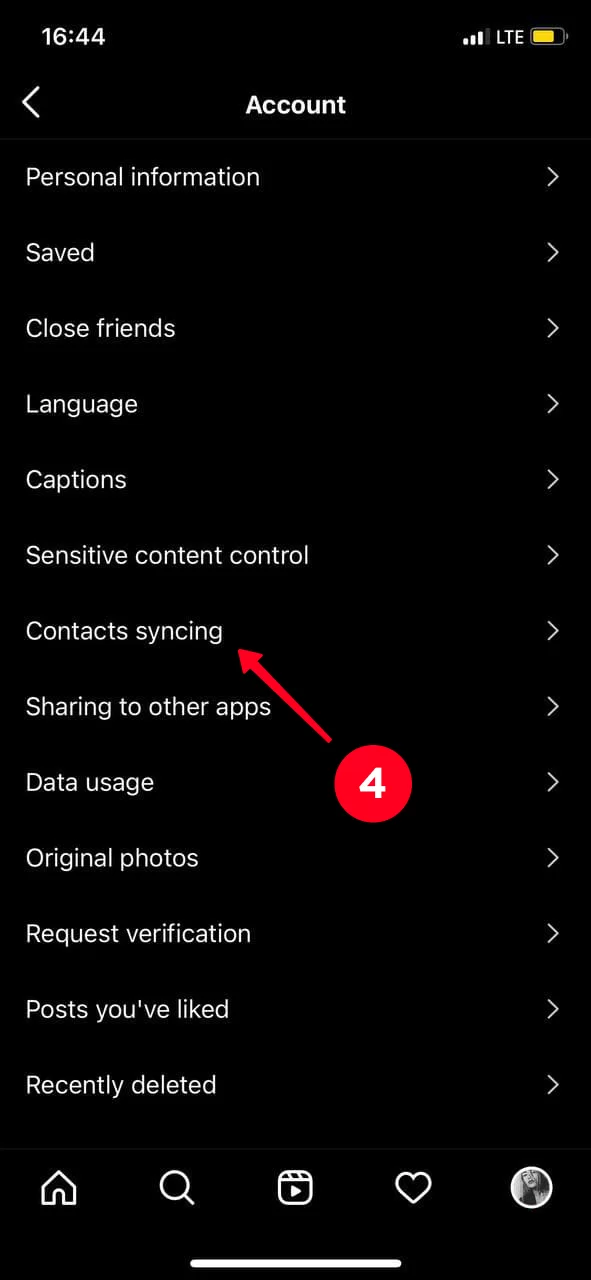 گزینه Contacts syncing در پیدا کردن اینستا با شماره