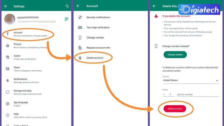 حذف اکانت واتساپ با شماره تلفن