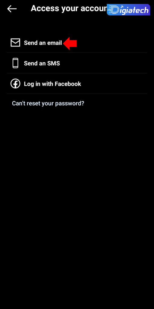 گزینه‌ی «Send an email» برای تغییر رمز پیج اینستاگرام