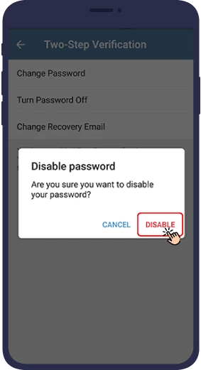 گزینه Disable  برای غیرفعال کردن تایید دومرحله‌ ای تلگرام