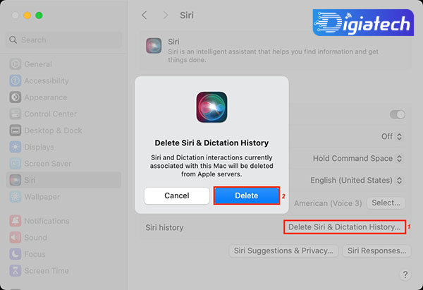 دکمه Delete Siri & Dictation History برای ریست کردن سیری روی مک