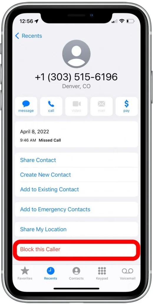 گزینه Block this caller در بلاک کردن شماره تلفن همراه در آیفون