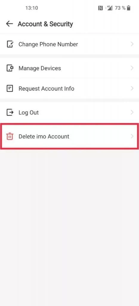 گزینه Delete imo account برای حذف اکانت ایمو (imo)