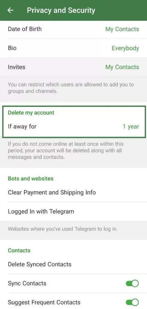 بخش Delete my account در دیلیت اکانت خودکار اکانت تلگرام