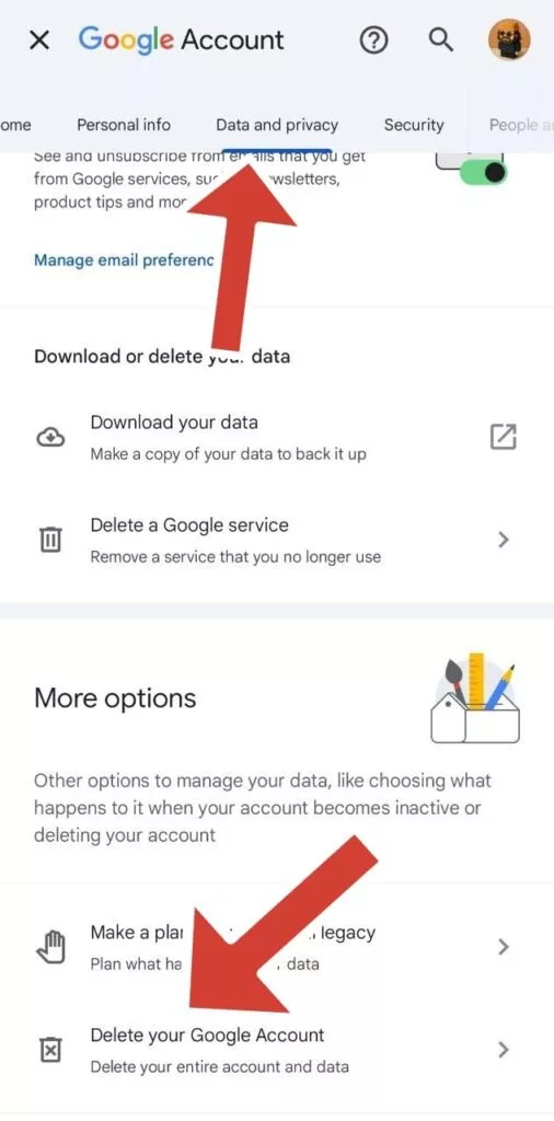 گزینه Delete your google account گزینه Delete your google account