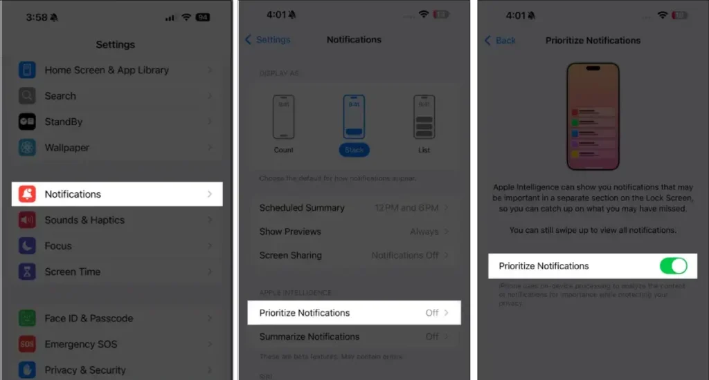 نحوه فعال سازی Priority Notifications آیفون