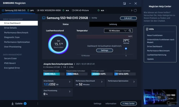 اسکرینشاتی از نرمافزار Samsung Magician اسکرینشاتی از نرمافزار Samsung Magician