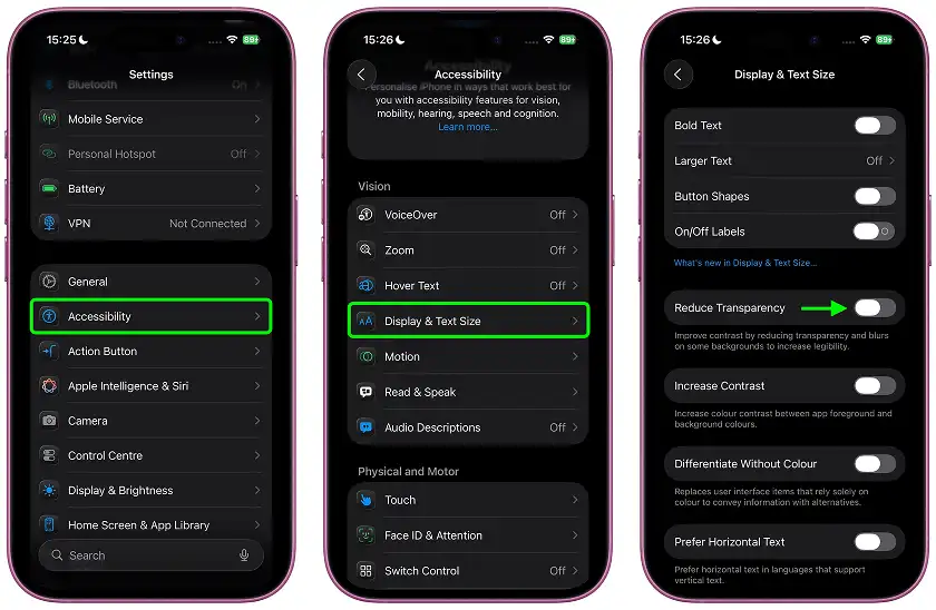 افکت Liquid Glass را در iOS 26 کاهش دهیم